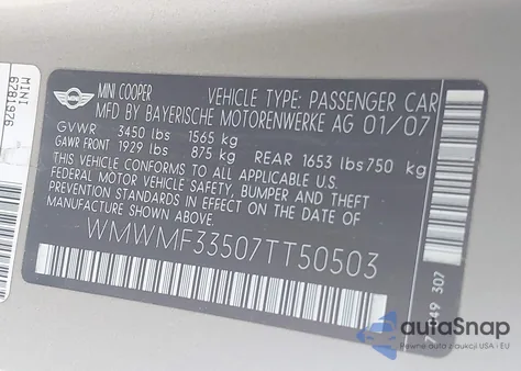 2007 Mini Cooper из США, поврежденный, VIN WMWMF33507TT50503